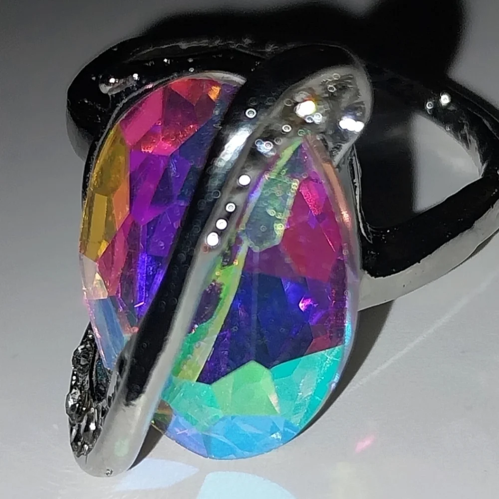 Elegant Multicolor Crystal Silver Ring Sz 9